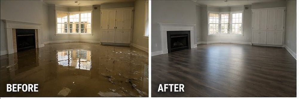 Before and after: flooded living room restored to clean hardwood floor