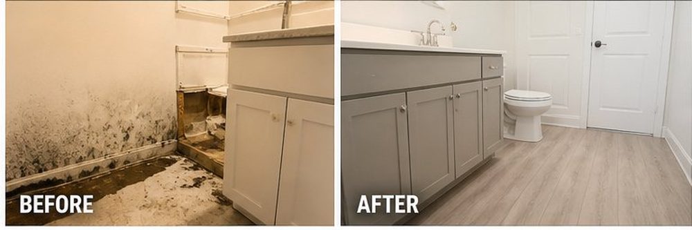 Before and after: bathroom with mold damage restored to clean condition