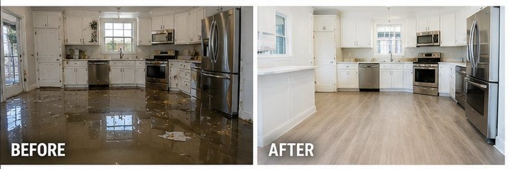 Before and after: flooded kitchen with appliances restored to clean condition