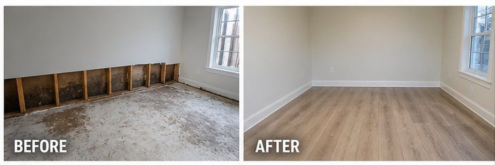 Before and after: bedroom with damaged drywall and flooring fully restored