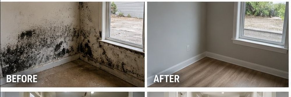 Before and after: room with severe mold on walls fully restored