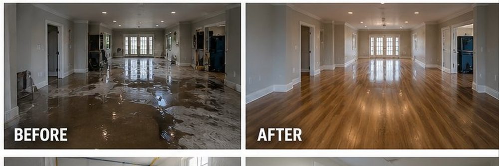 Before and after: large open living space with water damage fully restored