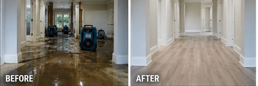Before and after: hallway with air movers drying water damage
