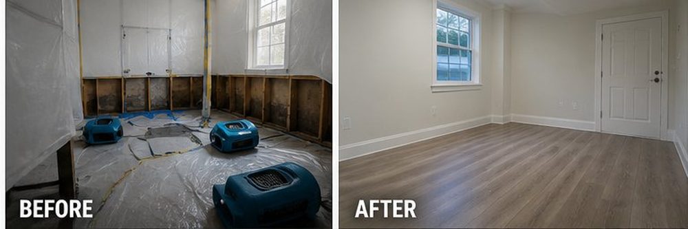 Before and after: room with containment plastic and air movers cleaned and restored